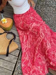 Women's Long Bohemian Print Skirt, Casual For Vacation And Everyday Wear, Spring/Summer - 紫紅色 - 查看 7