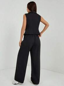 PETITE Conjunto de 2 piezas de ropa de otoño, top sin mangas y pantalón de unicolor - Negro - Ver 2