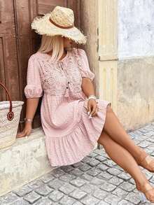 Vestido de verano casual con cuello redondo y pliegues para mujer de talla grande - Rosa - Ver 5