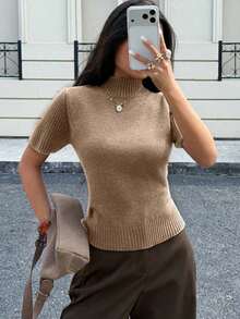 Blusa de punto de cuello alto de unicolor de manga corta para mujer, para todas las estaciones - Albaricoque - Ver 5