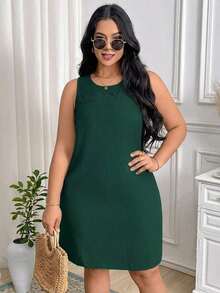 Vestido corto sencillo sin mangas de cuello redondo de unicolor para mujer talla grande - Verde Oscuro - Ver 4