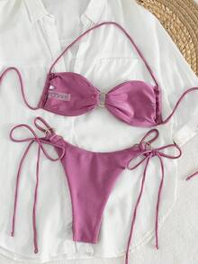 New Fashionable Sexy Solid Color Bikini, Women Strap-Tie Split Swimwear, For Summer Beach Vacation - Dusty Pink - View 4