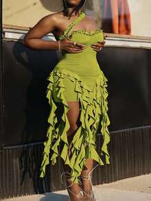 Plus Size Green Strapless Ruffle Asymmetrical Long Dress For Women Chic Party & Night Club Wear - Green - View 3