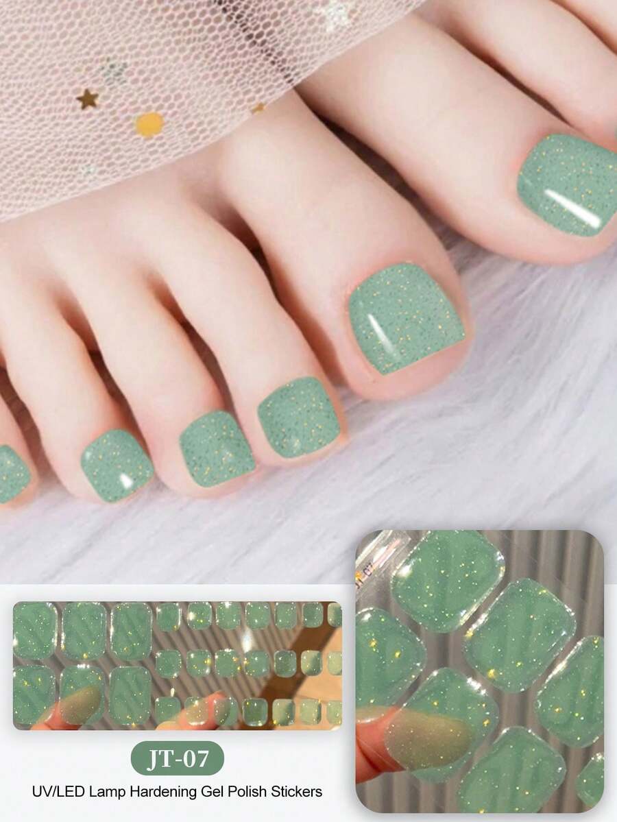 New Semi-Cured Gel Summer Toe Nail Stickers, Glitter Design, In Stock Wholesale, Waterproof & Long-Lasting - 薄荷藍 - 查看 1