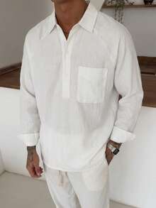 Camisa de lino para hombre con media cartera y botones, manga raglán suelta y transpirable, casual - Blanco - Ver 4