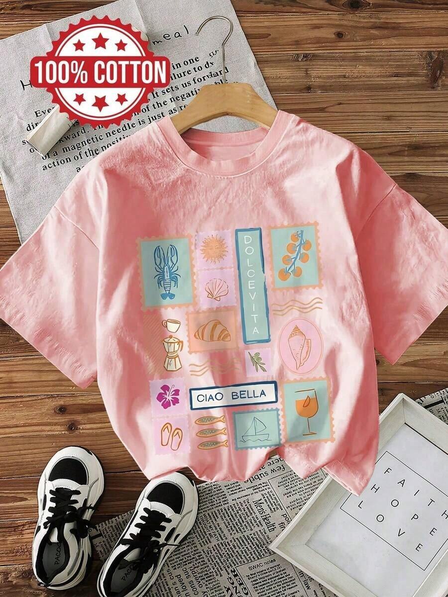 1 Piece Summer Casual Women's Top, Vintage Style, Lobster And Shell Print, VITA CIAO BELLA, Round Neck, Pure Cotton Short-Sleeve T-Shirt 2026 - 粉色 - 查看 1