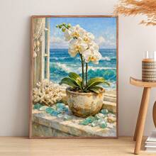 1pc Canvas Wall Art, Framed Wall Decor, Seaside White Orchid, Seaside Cottage Orchid & Teal Waves Art Print, Vintage Windowsill Orchid With Sea Glass & Coral, Nautical Style White Orchid Seascape Wall Art, Bright Summer Beach Decor - Multicolor - View 8