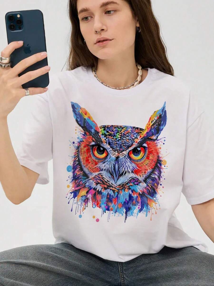¡La camiseta de mujer más popular de 2026! Camiseta de manga corta para mujer, moderna, juvenil, ligera y casual con ajuste regulable. ¡El material es y confiable! - búho blanco - Ver 1