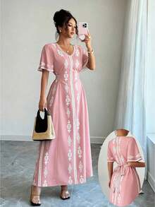 Nuevo vestido de mujer elegante con cuello en V y estampado de moda - Burdeos - Ver 12