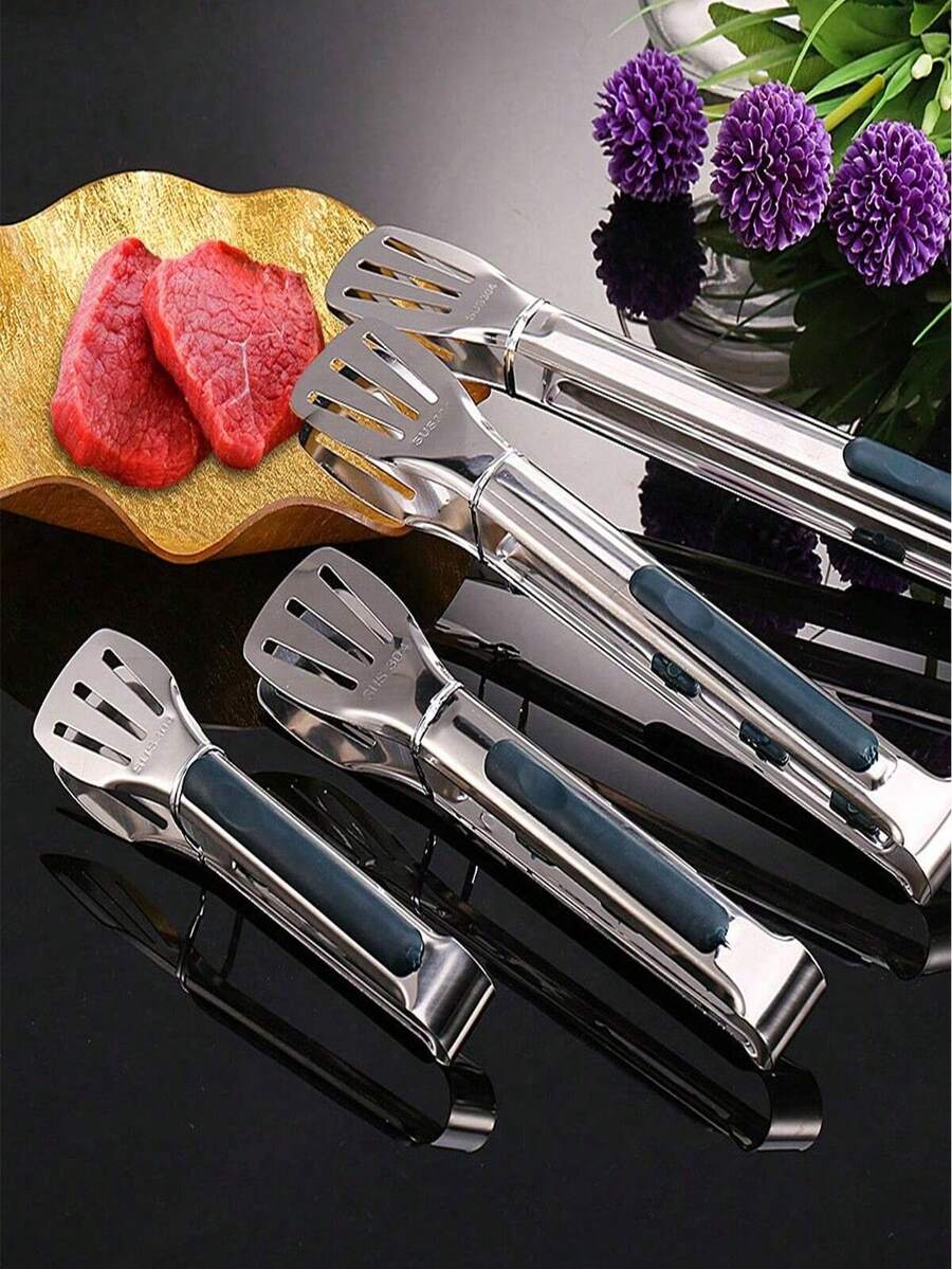 1个/2个/4个304不锈钢食品夹,家用面包夹,厨房防烫夹,烧烤牛排夹,食品夹套装,适用于厨房、餐厅、酒店,母亲节、圣诞节礼物 - 銀色 - 查看 1