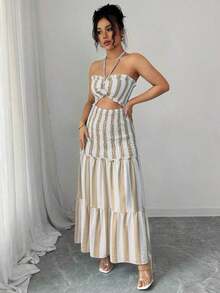 Vestido de tirantes finos con lazo en la cintura, estilo elegante y sexy con rayas, versátil para fechas, salidas, vacaciones, días festivos, vuelta al cole, atuendo de maestro, bodas, fiestas, festivales de música, Oktoberfest, Halloween, Acción de Gracias. Nuevos modelos de verano 2025. - Caqui - Ver 7