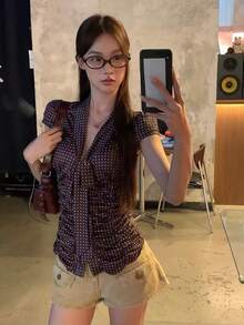 Áo sơ mi nữ tay ngắn chấm bi, kiểu dáng thanh lịch kiểu Pháp. - Cà phê nâu - Xem 1