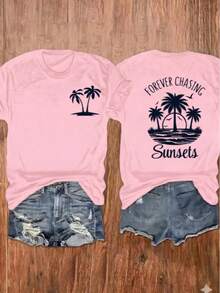 100% Cotton Unisex Round Neck Short-Sleeve T-Shirt With Palm Tree And Sunset Pattern, And The Words "FOREVER CHASING Sunsets" On The Back. Summer Wome - 淺粉色 - 查看 4