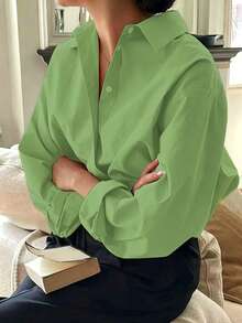 Plus Size Casual Daily Solid Color Front Button Long Sleeve Shirt - Green - View 3