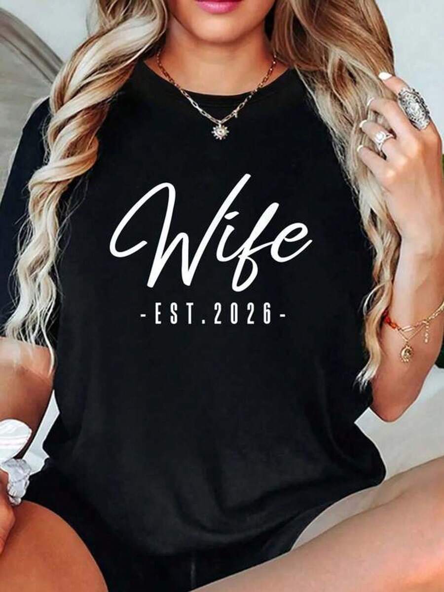 Ropa de otoño para mujer, esposa, recién casada, luna de miel, novia, señora. Camiseta de boda para ella, ropa de otoño - Negro - Ver 1