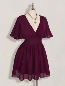 ICON Vestido de línea A con cuello en V y volantes en el bajo, adecuado para playa, vacaciones, estilo bohemio, hippie, Y2K, verano, Día de San Valentín, vestido elegante para citas - Morado - Ver 4