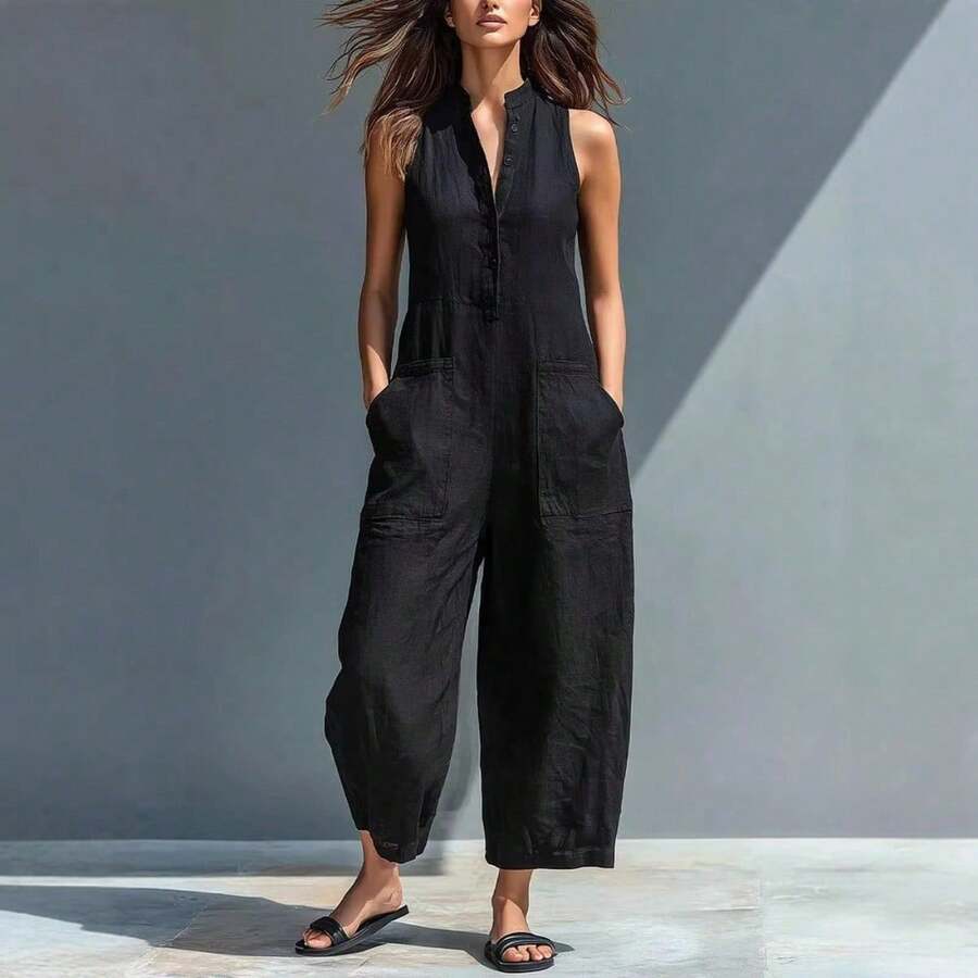 Mono casual para mujer sin mangas, cuello alto y bolsillos - Negro - Ver 1