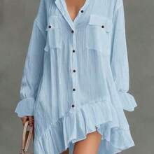 YijiaNvz  Nuevo vestido elegante y cómodo con botones delanteros y volantes en el bajo, para primavera/verano - Celeste - Ver 1