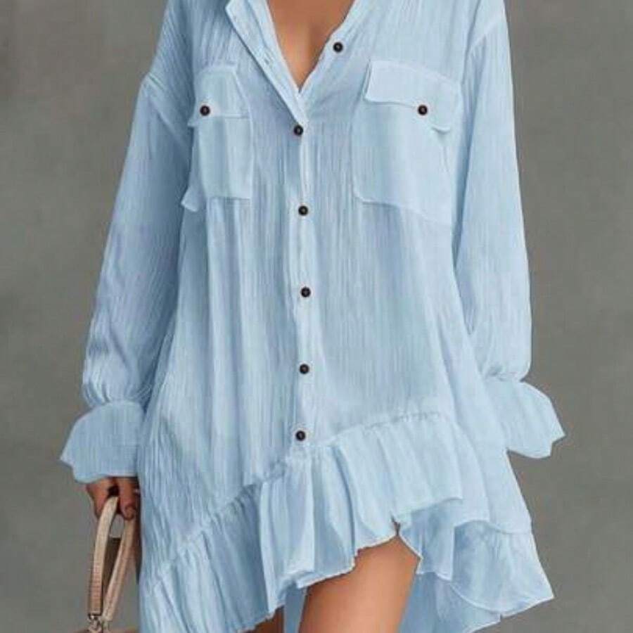 YijiaNvz Nuevo vestido elegante y cómodo con botones delanteros y volantes en el bajo, para primavera/verano - Celeste - Ver 1