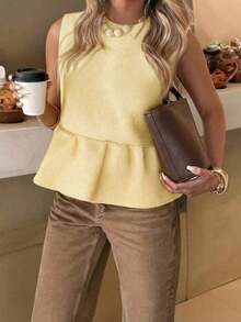 Blusa sin mangas de punto para mujer, estilo minimalista casual, unicolor, bajo con volantes, favorecedora, adecuada para ir a trabajar, citas, vacaciones, tiempo libre - albaricoque profundo - Ver 6