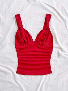 Camiseta de mujer elegante para vacaciones, de tela de punto a lunares, con tirantes retorcidos y fruncidos, de ajuste ceñido, adecuada para vacaciones, citas, té de la tarde, playa, crucero, viaje a la ciudad, vacaciones en la isla, festival de música, vacaciones bohemias, se puede usar por dentro o por fuera - Rojo - Ver 5