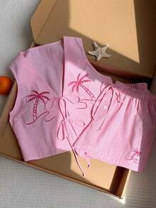Conjunto casual de 2 piezas de top corto sin mangas con cordones delanteros y shorts para mujer en beige - Rosa - Ver 8