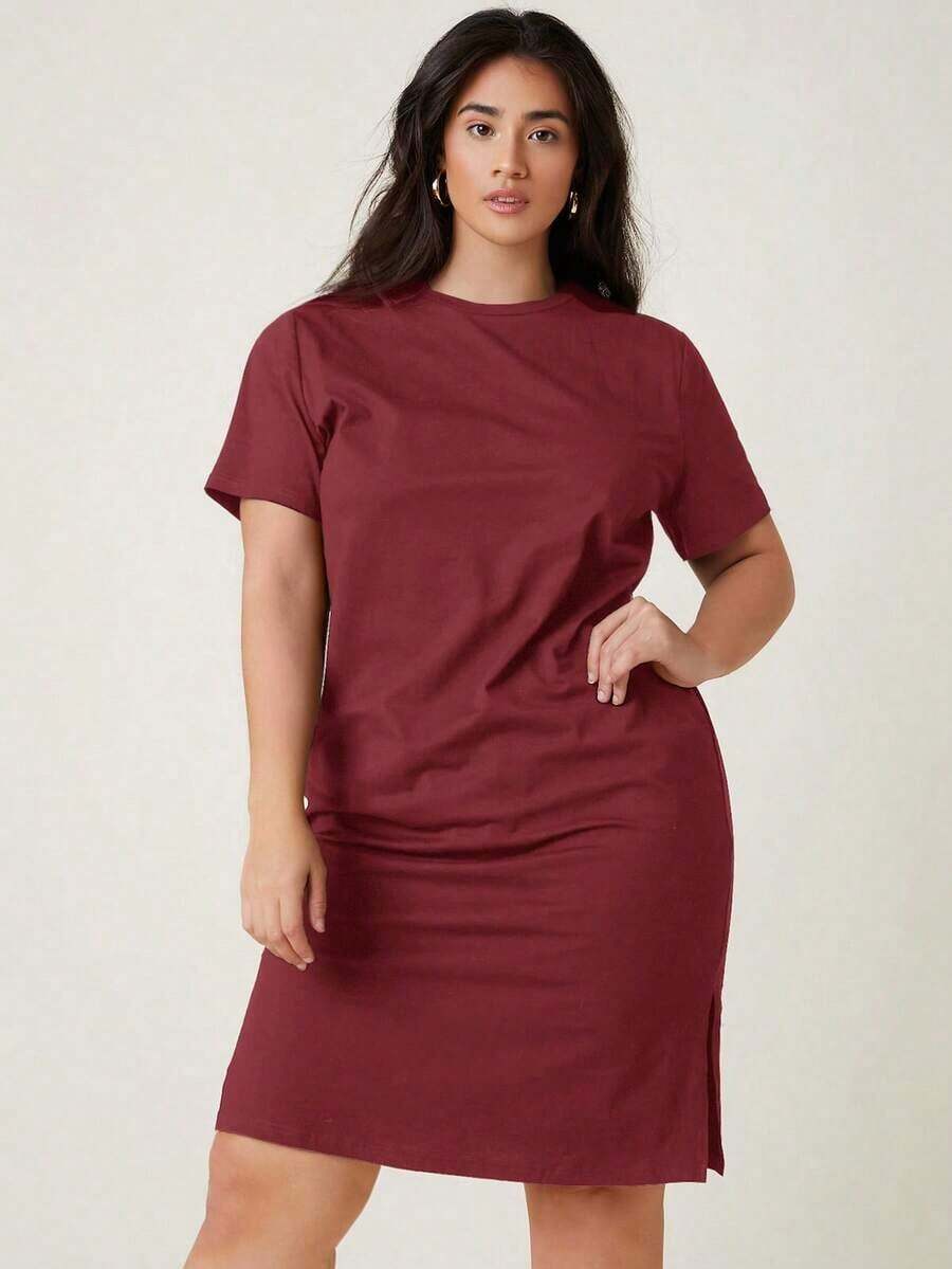 Vestido casual para cena y citas de tallas grandes con abertura lateral y color sólido - Burdeos - Ver 1