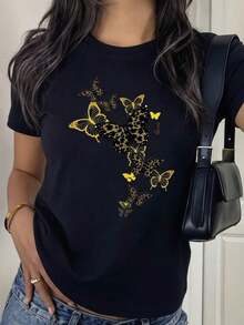 Camiseta de poliéster de manga corta con cuello redondo y estampado de mariposas para mujer, perfecta para el uso diario en otoño. - Negro - Ver 11