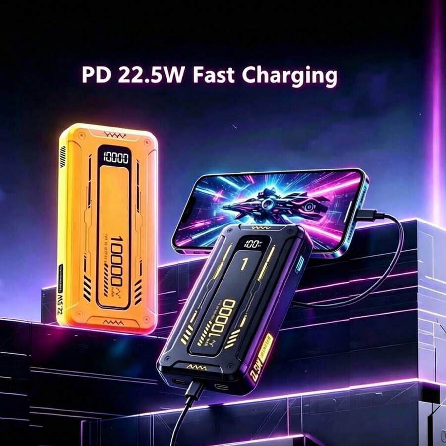 Portable 10000mAh High-Capacity Battery, Fast Charging, LED Display, QC 3.0 And PD 22.5W Compatibility, USB-C Output, With 3 Built-In Data Cables