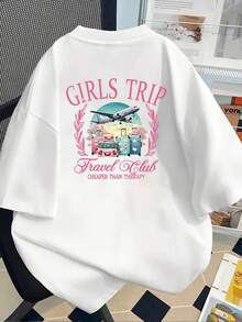 Camiseta de manga corta% algodón con estampado frontal y trasero - Girls Trip, Travel Club - Camiseta estampada de moda para mujer, ¡tu mejor elección! Adecuada para todas las estaciones, se puede usar como capa base en primavera y otoño o sola en verano. Estilo unisex, perfecta para amigas. Camiseta de algodón de alta calidad con un toque de marca moderno. - Blanco - Ver 2