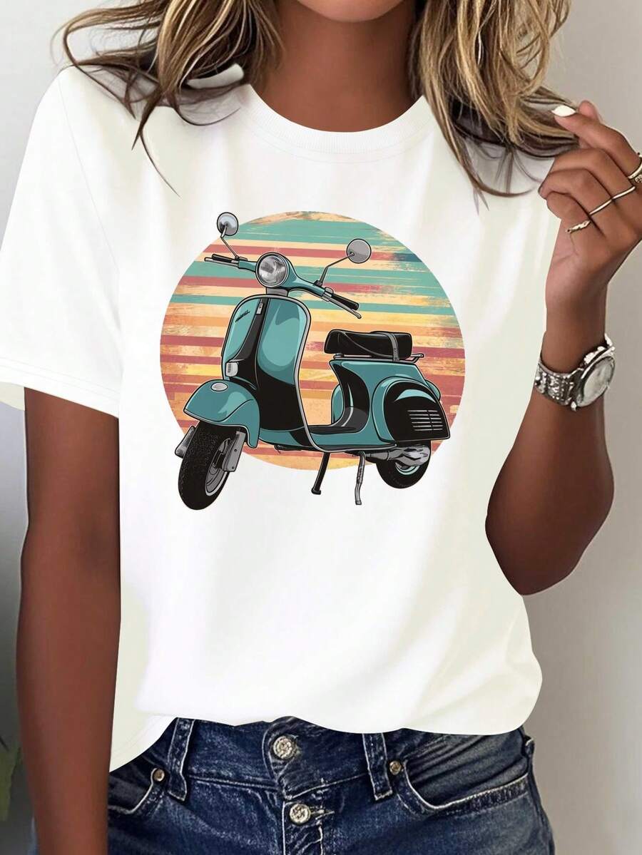 Vintage Scooter Illustration. Comfortable Pure Cotton Women's T-Shirt, Casual Blouse For Women. - 白色 - 查看 1