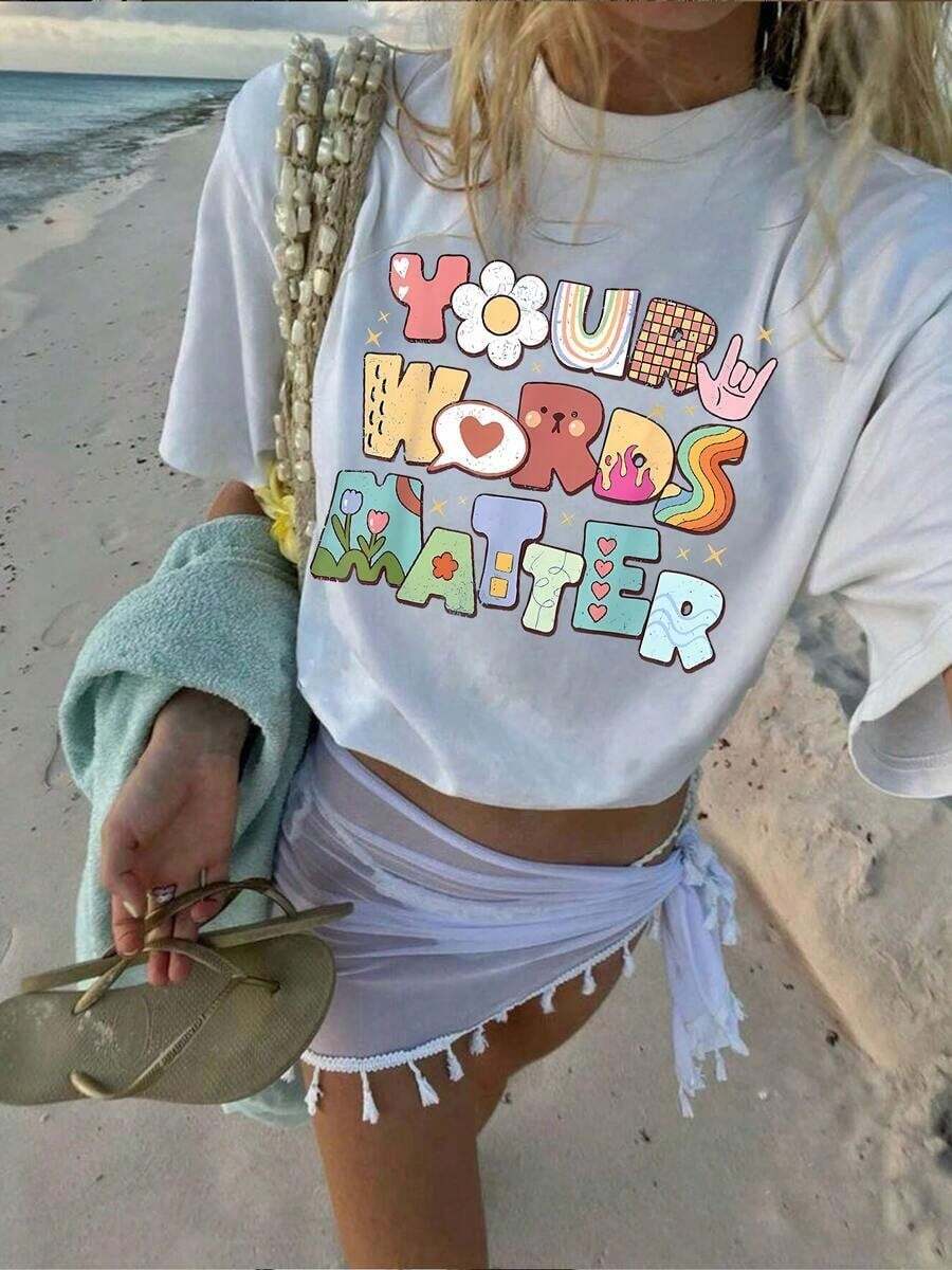 1 pieza Camiseta de Mujer con Estampado Gráfico de Terapia del Habla, Manga Corta, Cuello Redondo, Estilo Casual para Verano y Primavera, 180g Algodón 100% - Blanco - Ver 1