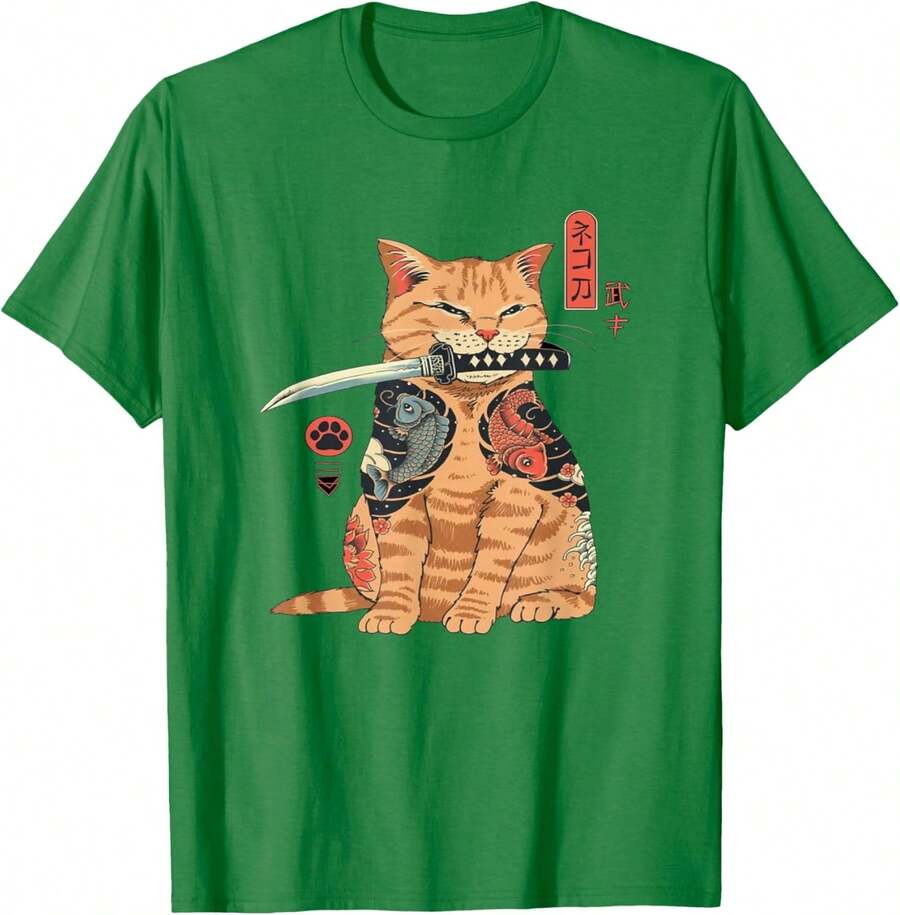 Alexamerch Cats Camiseta japonesa con gráfico de tatuaje kawaii, gato samurái, para niños, fanáticos del anime, amantes de la ropa casual, unisex, color negro, talla S, manga corta, ajuste clásico, algodón, poliéster - Verde Kelly - Ver 1