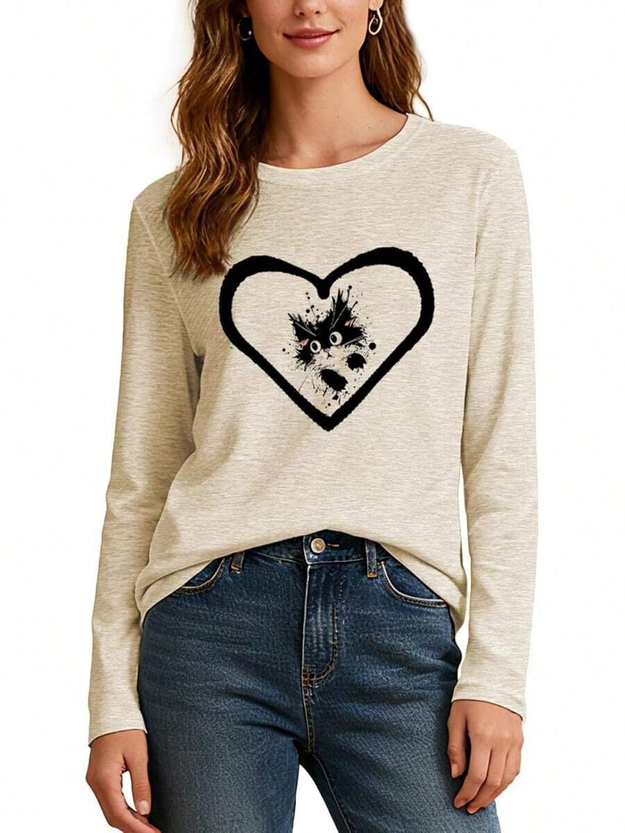 Cute Women's Cat And Heart Print T-Shirt, Soft Cotton Blend Fabric, Loose-Fitting Casual Summer T-Shirt For Everyday Wear And More - 米色 - 查看 1