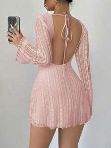 Elegant And Romantic Dress, Stylish For Work, Sexy, Suitable For Parties, Holidays, Back To School, Romantic Dates, Weddings Or Birthdays, Fitted, Lace, Long-Sleeved And Mini, For Autumn/Winter - 酒紅色 - 查看 12