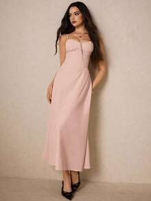 Vestido largo elegante de color crema con escote de corazón y detalles de volantes - perfecto para eventos formales, bodas de verano y citas románticas en la cena, vestimenta de mujeres para el Día de San Valentín, atuendos de mujeres amarillos, vestidos de mujeres en tonos pastel, vestidos elegantes para mujeres, vestidos de graduación blancos, vestidos de verano para mujeres, vestido de fiesta del té - Rosa Pálido - Ver 12