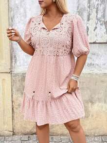 Vestido de verano casual con cuello redondo y pliegues para mujer de talla grande - Rosa - Ver 4