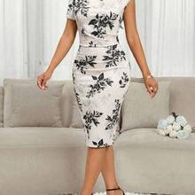 Nana's Women's Clothing Store  Lady Vestido midi elegante de mujer con estampado floral y hombro asimétrico - Morado - Ver 7