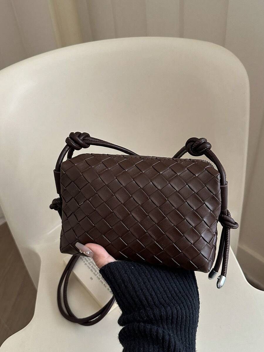 简约纯色迷你编织纹理PU相机包，便携斜挎包，适合女性 - 棕色 - 查看 1