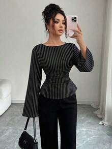 Blusa de manga larga con rayas y pliegues en la espalda para mujer - Negro - Ver 8