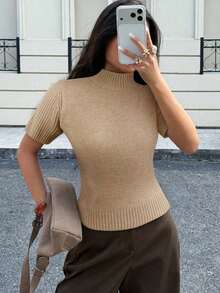 Blusa de punto de cuello alto de manga corta de unicolor para mujer, marrón oscuro, para todas las estaciones - Albaricoque 2 - Ver 5