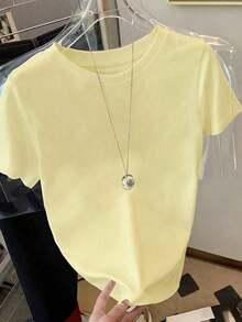 Camiseta de mujer casual de unicolor con cuello redondo y manga corta - Amarillo - Ver 4