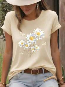 Camisetas de Verano 2026 para Mujer, Camiseta Casual de Cuello Redondo, Camiseta con Estampado de Margaritas Blancas y Mariposas, Estilo Fresco y Natural, Diseño Floral Campestre e Insectos, Camiseta de Cuello Redondo, Transpirable, Ligera y Cómoda, Perfecta para Primavera y Verano, Camisetas Blancas, Ideal para el Día de San Valentín, Mardi Gras, Camisetas de Verano, Para Mujer, Ropa Elegante para Mujer, Holgada y Cómoda, Ropa de Verano, Conjuntos de Verano para Mujer - Albaricoque - Ver 2