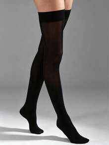 1 Pair Ice Silk Solid Color Transparent Thigh High Socks, Cool And Sun-Protective Long Stockings For Summer, Daily, Party And Casual Wear - Black - View 4