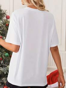 Camiseta Holgada de Gran Tamaño con Estampado de Sol y Luna para Mujer - Tejido de Poliéster Casual, Cuello Redondo, Cómoda para Todas las Temporadas - Blanco - Ver 2