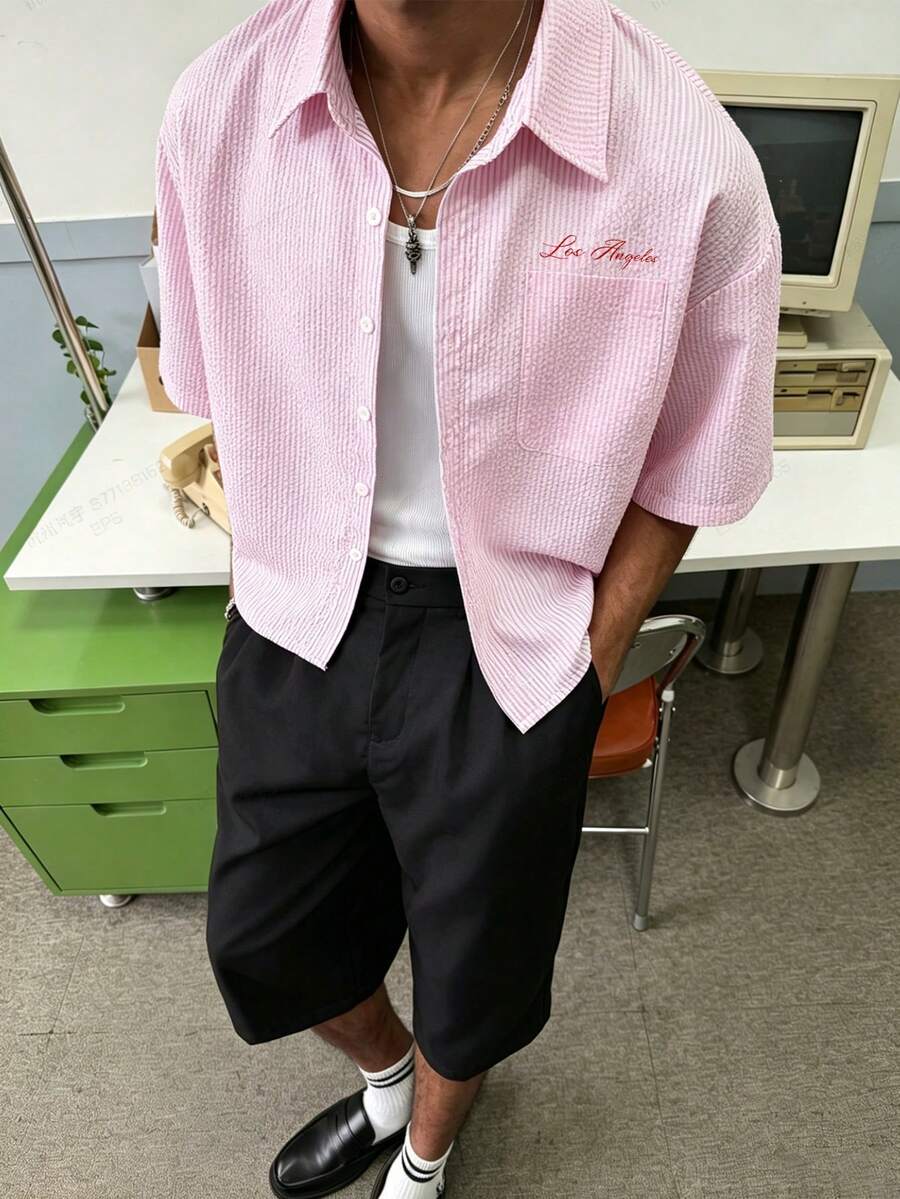 男士夏季休閒純色印花短袖襯衫,度假熱帶海灘風襯衫 - 粉色 - 查看 1