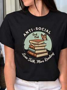 Anti Social Book Club T-Shirt, Book Club T-Shirt, Gift For Book Lovers, Gift For Bibliographers, Funny T-Shirt For Readers, Gifts For Bibliographers, Short Sleeve Thick Cotton T-Shirt, Classic Style, Graphic Print, Casual For Women - 黑色 - 查看 7