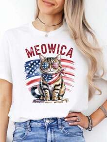 Meowica Patriotic Cat T-Shirt, American Flag Cat Shirt, Cute USA Cat Sweater, 4th Of July Cat Shirt, Memorial Day, Independence Day - 白色 - 查看 7