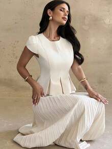 Conjunto elegante de 2 piezas con camisa de mangas cubiertas y dobladillo plisado y minifalda plisada de unicolor para mujer - Blanco - Ver 3