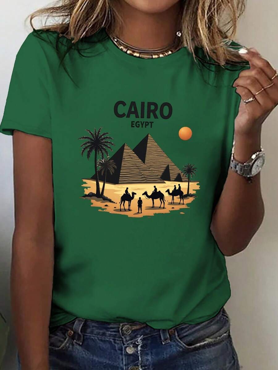 Plus Size - Extra Large Size - Women's T-Shirt, Made Of Pure Cotton, Lightweight And Breathable Fabric, Round Neck Design, Printed Design, Short Sleeve Cut, Suitable For Spring And Summer. - Green - View 1